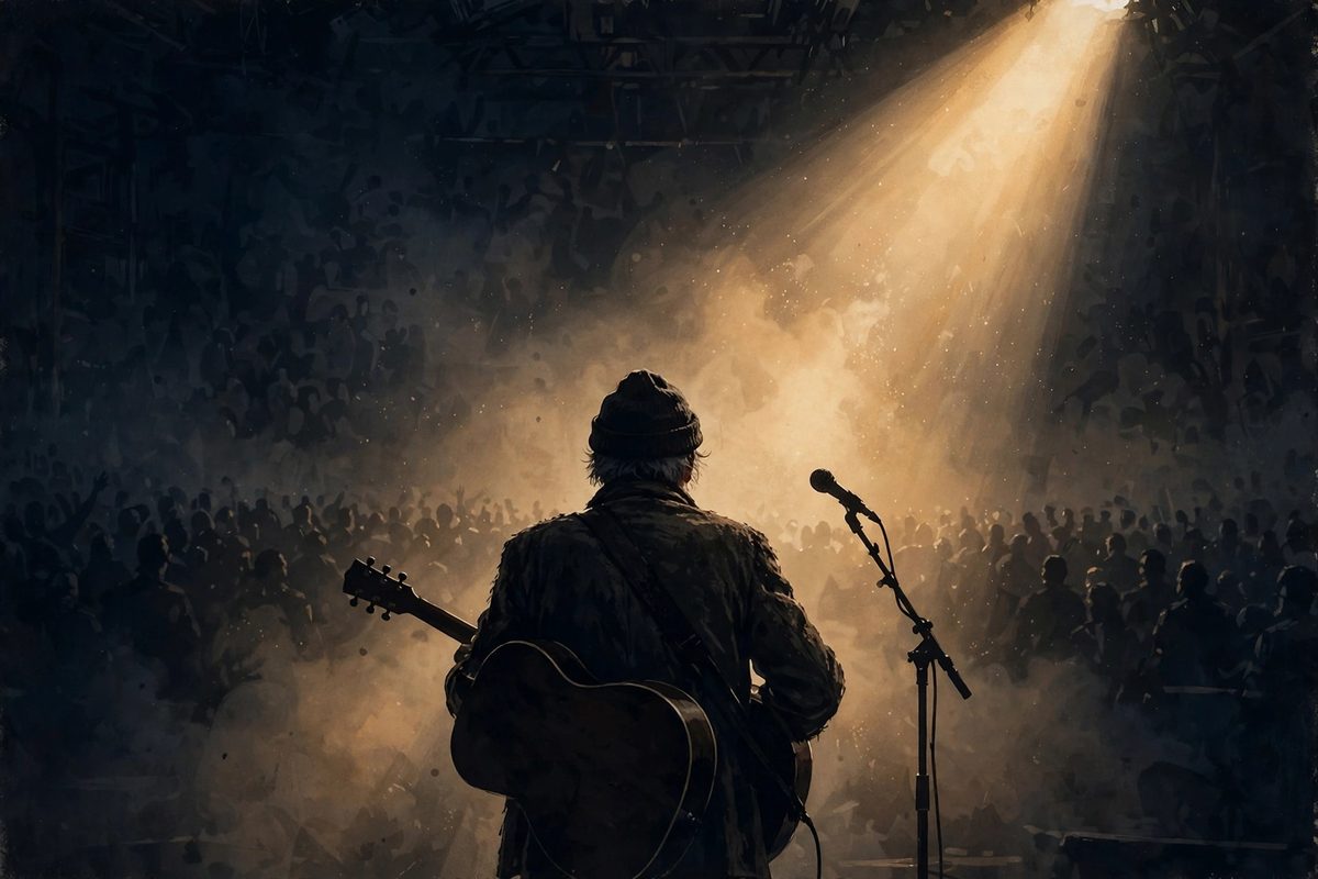 Illustration: a guitarist seen from behind on a dark stage under a single spotlight, with a microphone stand and a silhouetted crowd