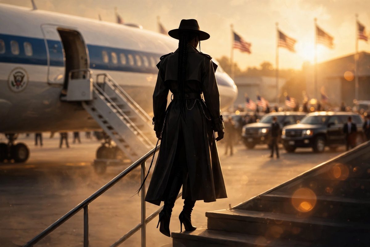 Illustration: a glamorous star silhouetted stepping off an airplane onto an airfield at sunset