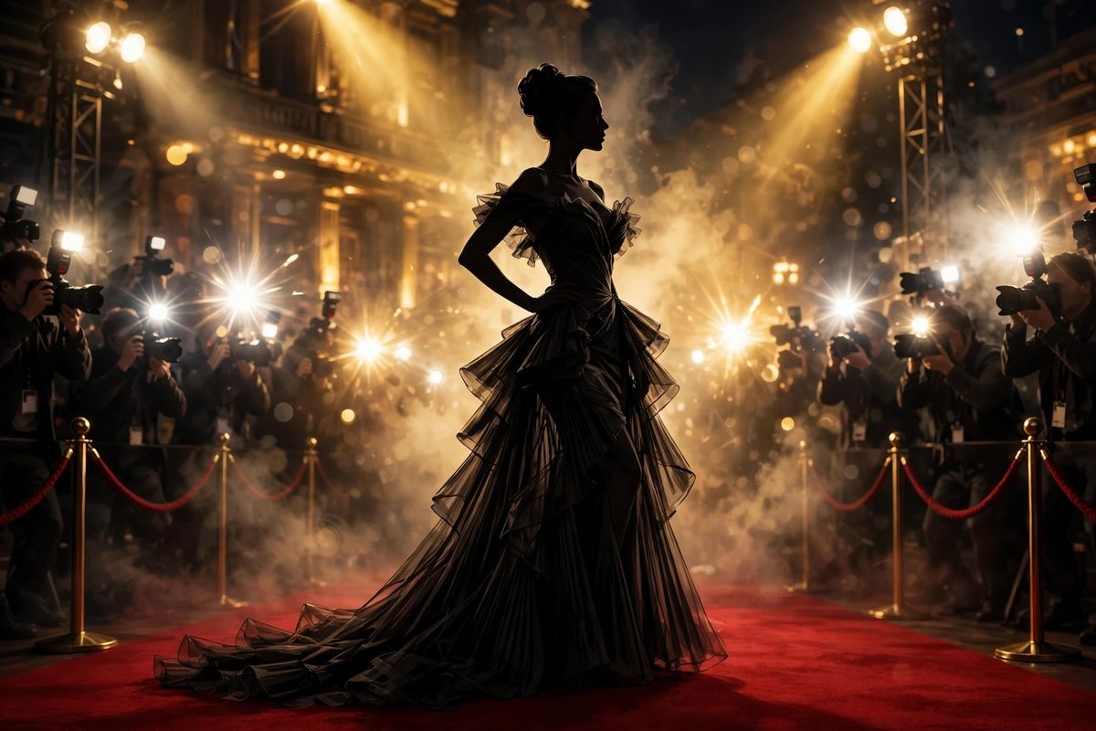 Illustration: a silhouetted actress in an elegant gown on a red carpet under golden spotlights and camera flashes