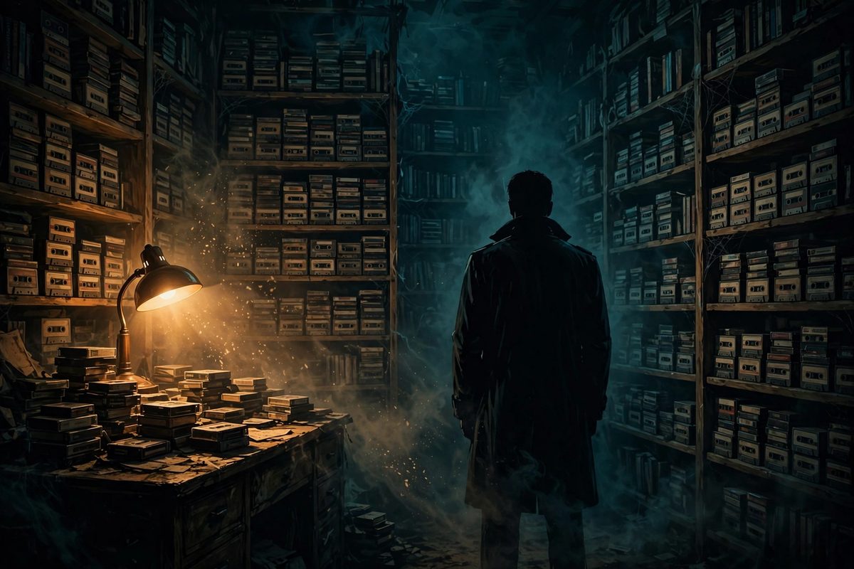 Illustration: a silhouetted figure in a dark archive room filled with shelves of old cassette tapes