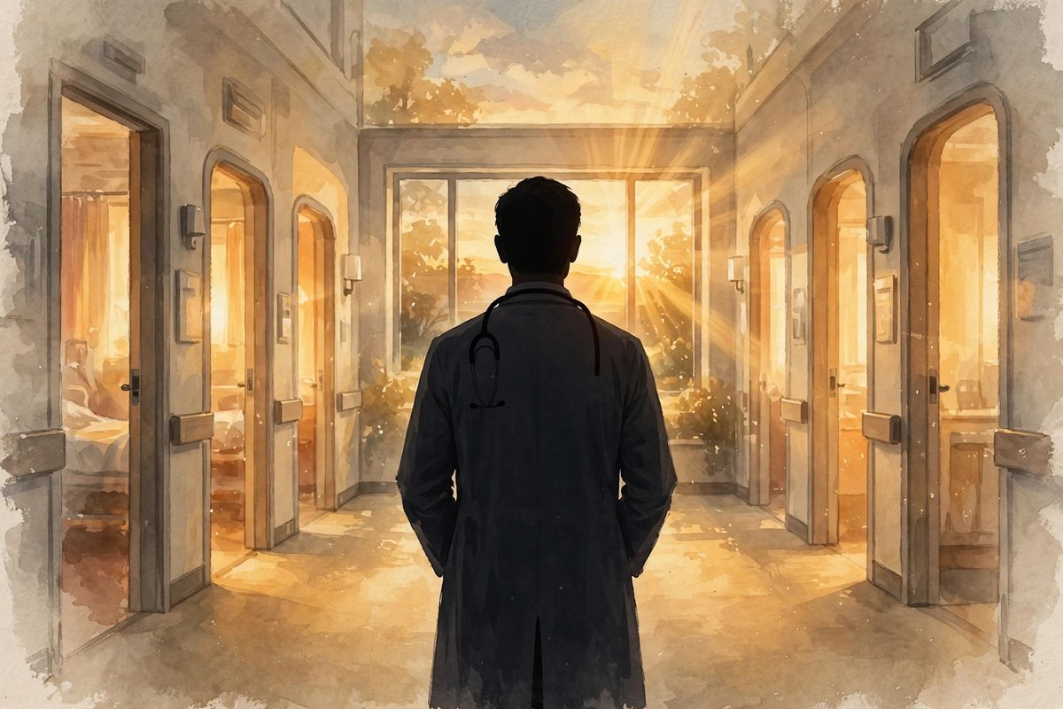 Illustration: a silhouetted doctor in a white coat seen from behind in a warmly lit hospital corridor, stethoscope around his neck