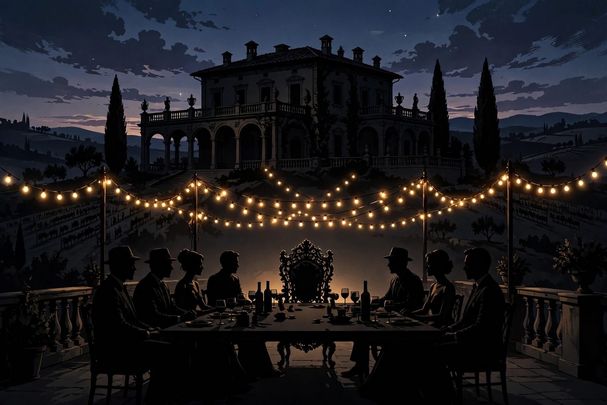 Illustration: silhouetted figures in evening wear around a long table at an Italian villa at dusk, with an empty ornate chair at the head of the table