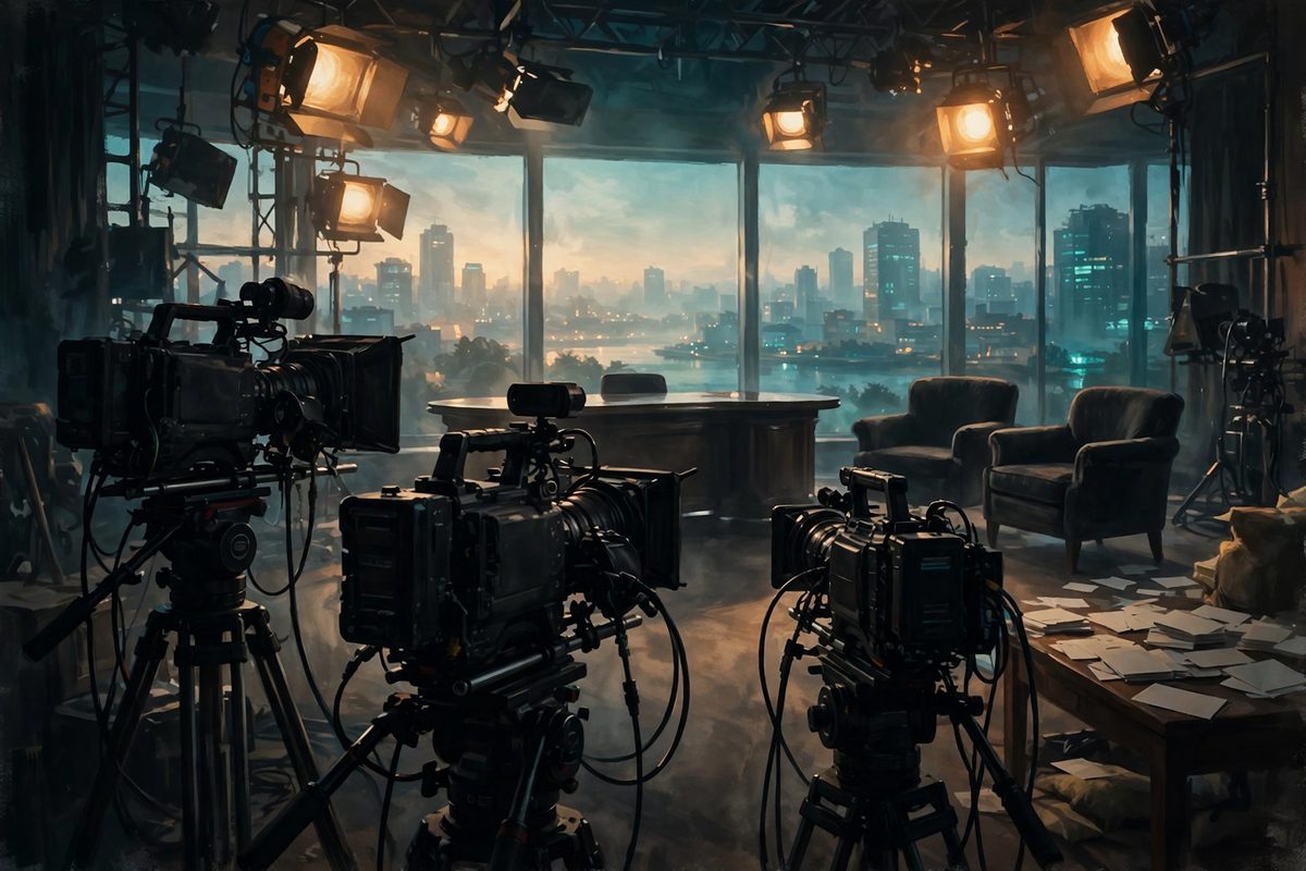 Illustration: a morning television studio set with cameras, empty armchairs and warm studio lights