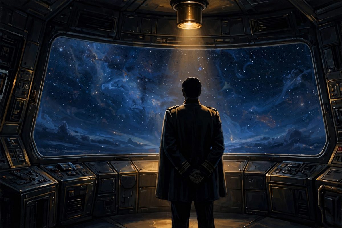 Illustration: a lone silhouetted captain seen from behind on a dim starship bridge gazing at stars through a wide viewport, faces not shown, no text