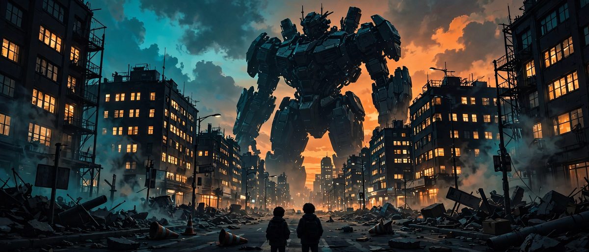 Illustration: a giant robot silhouette towering over a city street at dusk, seen from behind two small silhouetted onlookers