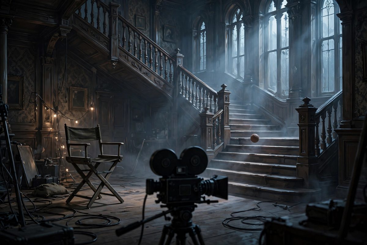 Illustration: an empty director's chair on a dim film set beside a grand staircase in a shadowy old house, a small ball on the steps, faces not shown