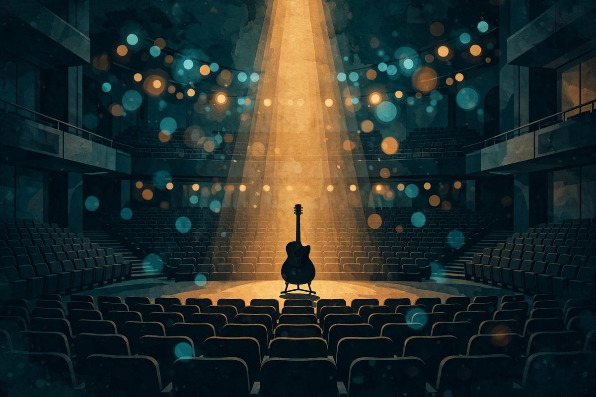 Illustration: an acoustic guitar under a spotlight in a concert hall