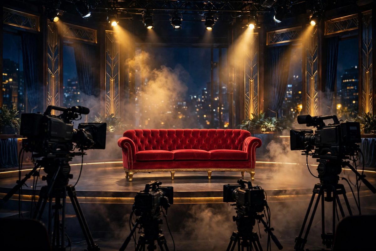 Illustration: an empty iconic red talk-show sofa under warm studio spotlights