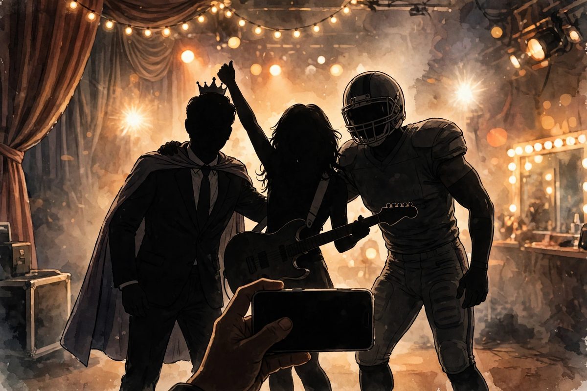 Illustration: silhouettes of a royal figure, a pop star and an American football player taking a group selfie backstage at a concert under warm stage lights