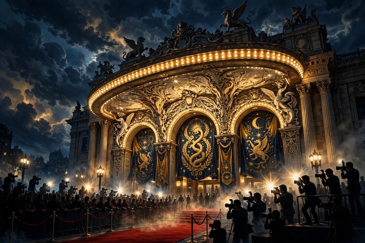 Illustration: silhouetted crowds and camera flashes on a red carpet outside a grand theatre at night, faces not shown