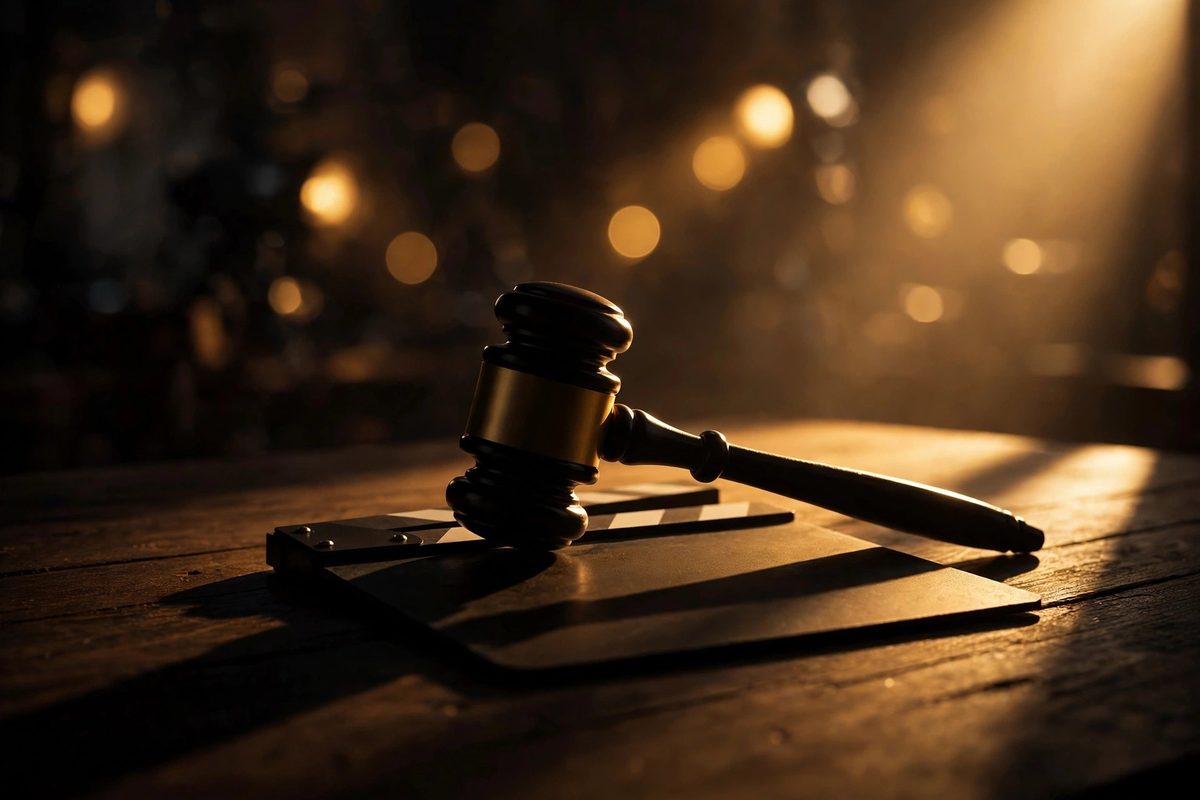 Illustration: a courtroom gavel resting on a film director's clapperboard under warm cinematic light