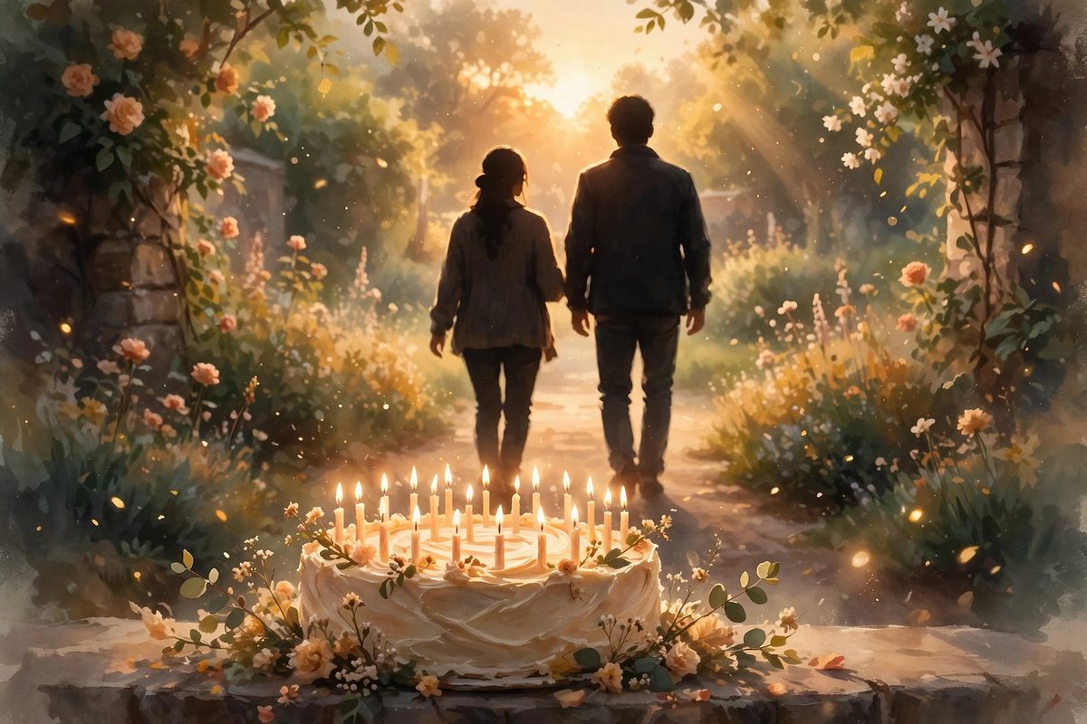 Illustration: a warm golden-hour garden scene with a glowing birthday cake