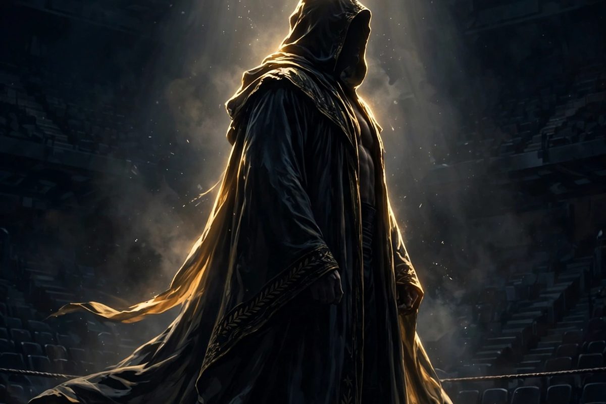 Illustration: a silhouetted veteran wrestler in a long robe standing under a spotlight in a dark arena
