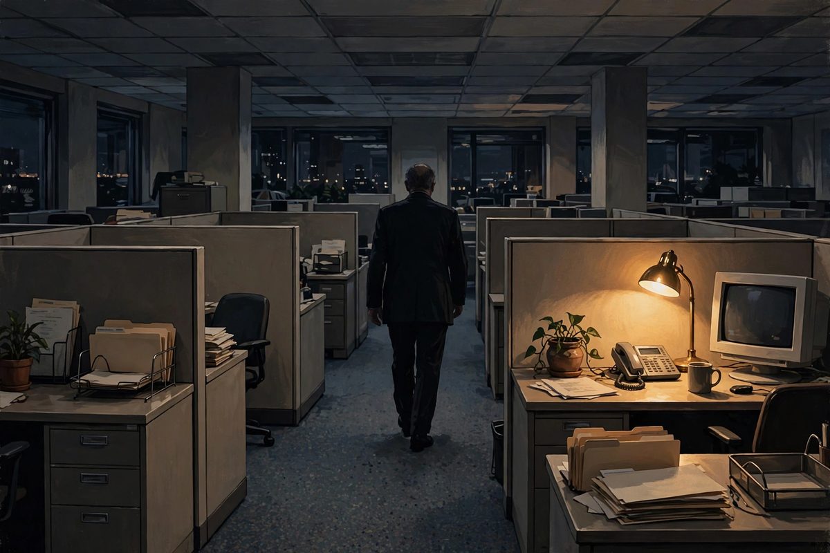 Illustration: a silhouetted older actor in a suit walking away across an empty 1990s office, a single desk lamp glowing