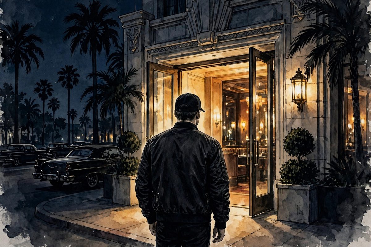 Illustration: a lone figure in a black bomber jacket arriving at a Beverly Hills steakhouse at night