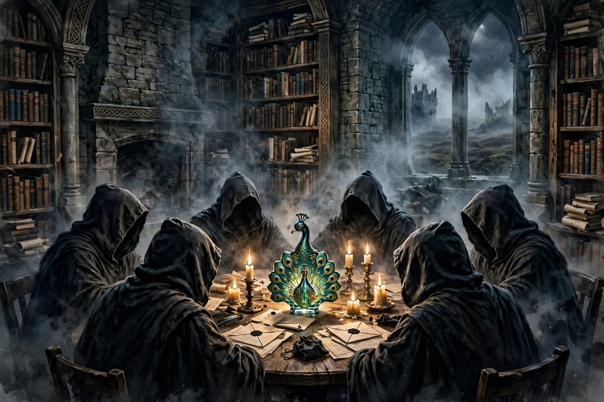 Illustration: hooded figures around a round table in a candlelit castle library