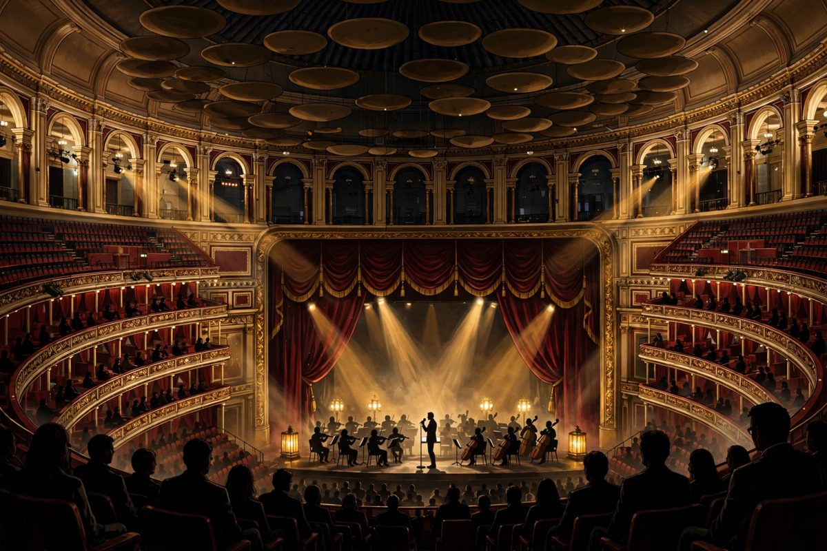 Illustration: a silhouetted singer on a grand concert-hall stage with an orchestra, red curtains and golden lights, audience silhouettes in the foreground, faces not shown