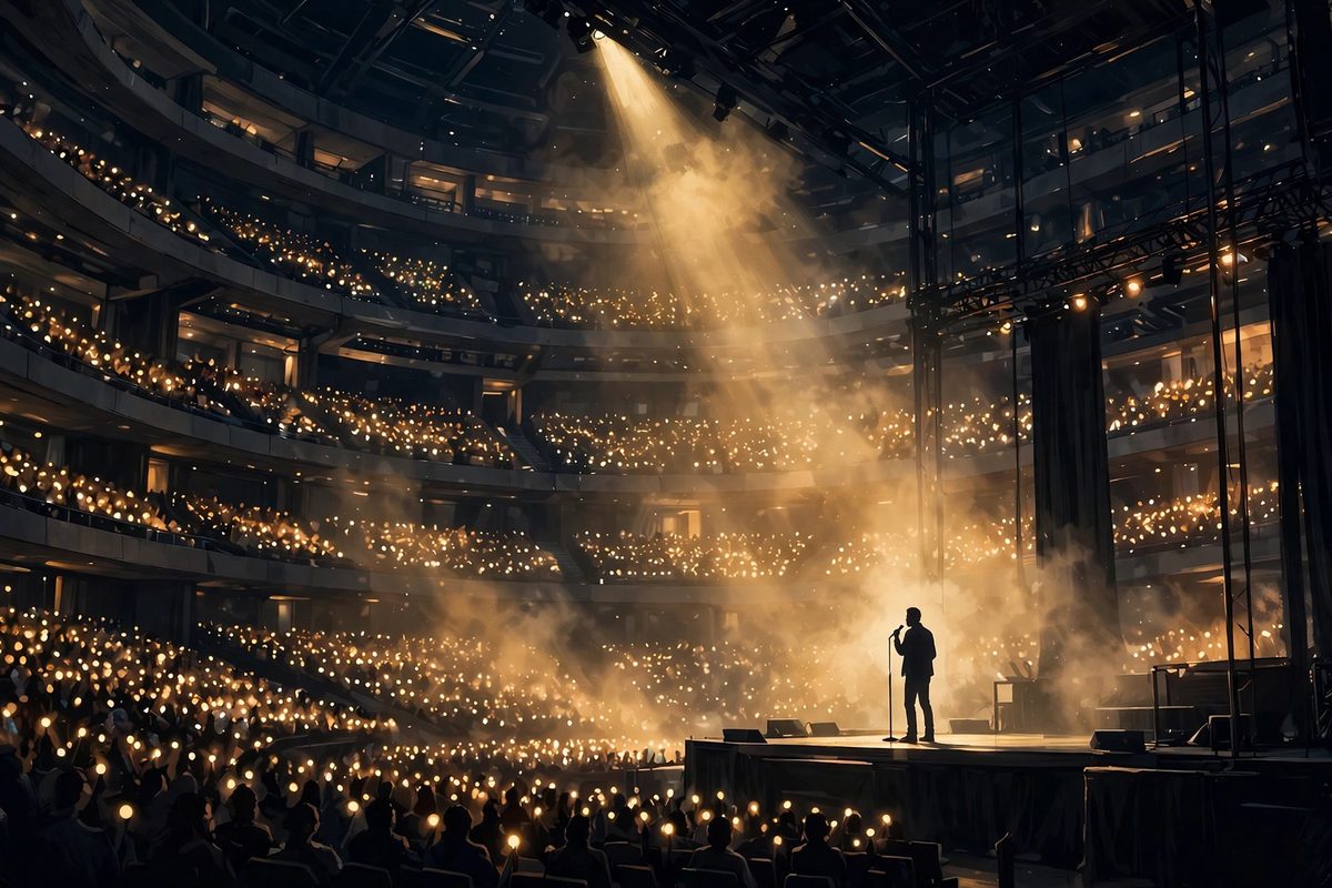Illustration: a stand-up comedy stage inside a grand arena at night
