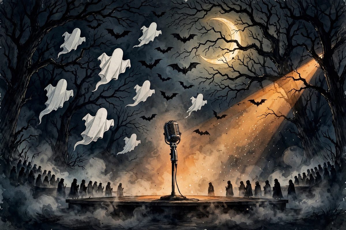 Illustration: a spooky Halloween stage with a vintage microphone, ghosts, bats and a crescent moon