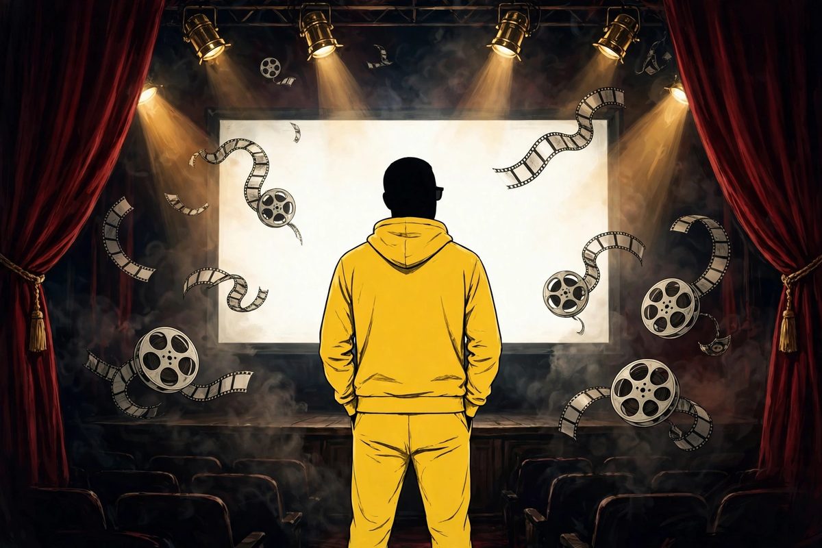 Illustration: the silhouette of a performer in a bright yellow tracksuit on a cinema stage before a glowing movie screen