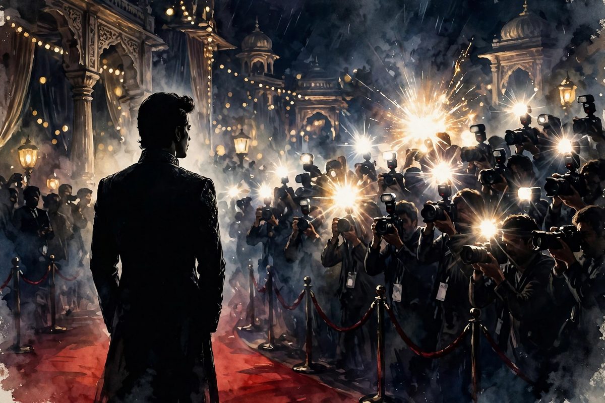 Illustration: a star's silhouette facing flashing paparazzi cameras on a red carpet