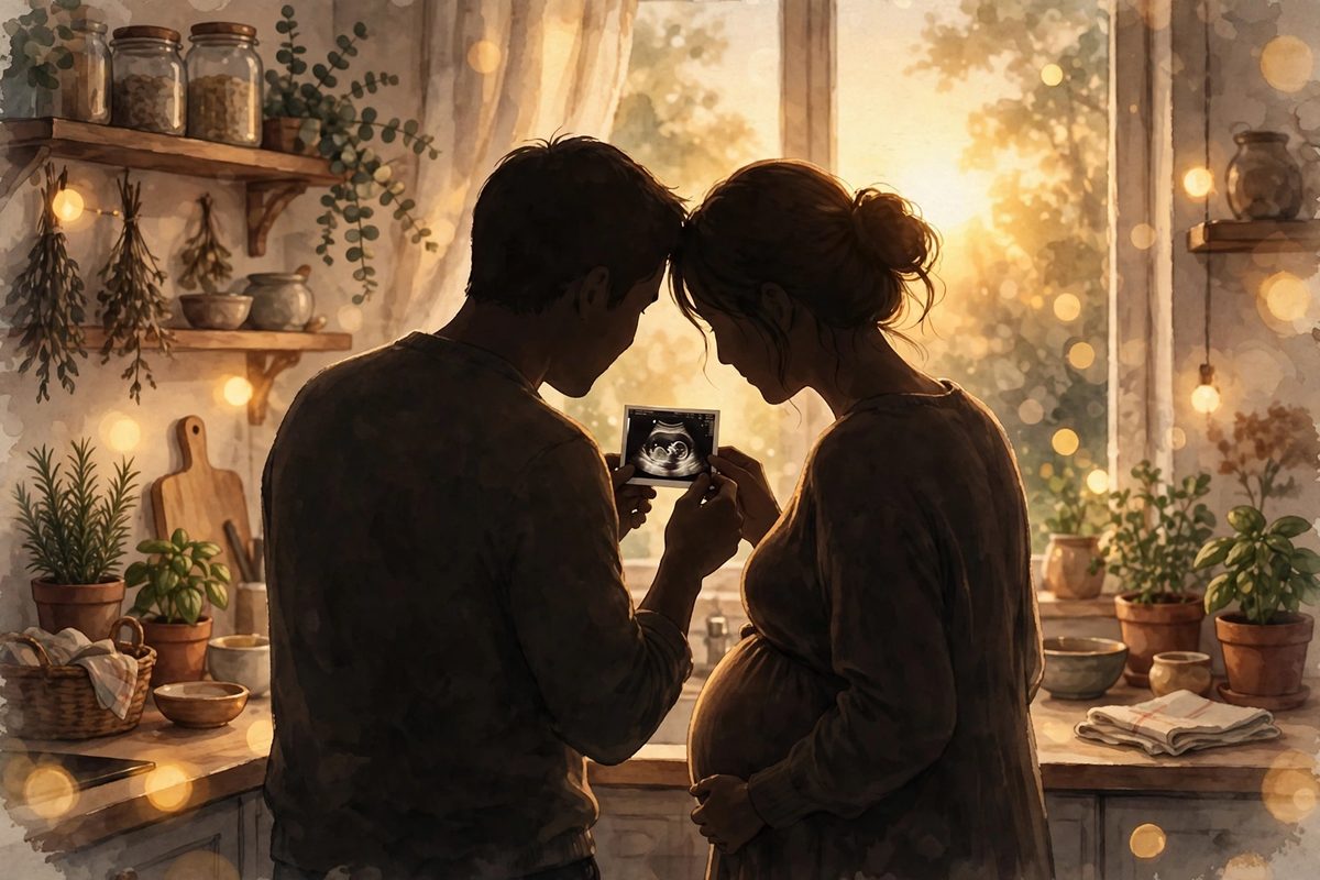 Illustration: a silhouetted couple in a warm kitchen holding an ultrasound photo together, seen in profile in golden evening light