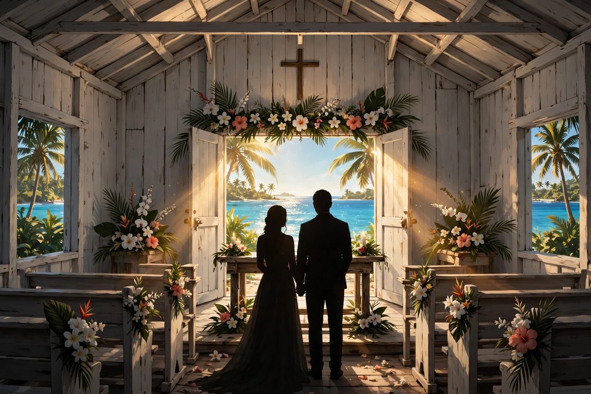 Illustration: a silhouetted couple seen from behind at the altar of a small white tropical church, golden light and palm trees outside, faces not shown, no text