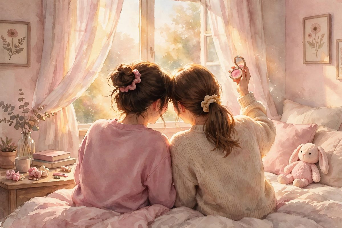 Illustration: two young women seen from behind as warm silhouettes laughing together in a sunlit bedroom, faces not shown