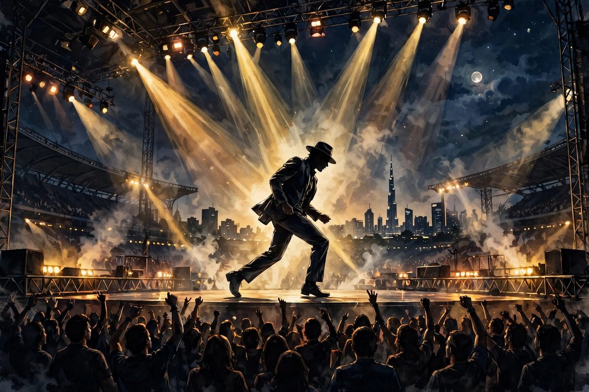 Illustration: a silhouetted singer in a fedora dancing on a brightly lit concert stage before a silhouetted crowd