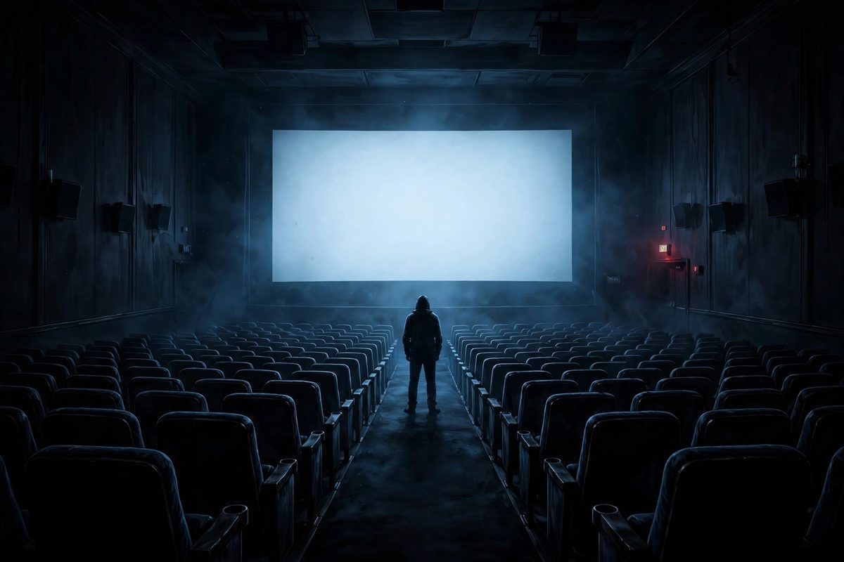 Illustration: a lone silhouetted figure seen from behind standing in the aisle of a dark, empty cinema facing a glowing blank screen, faces not shown, no text
