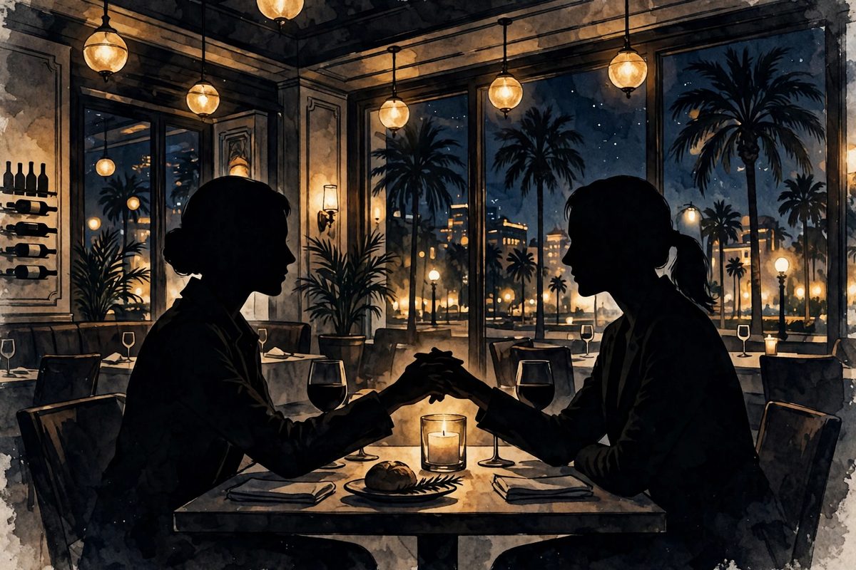 Illustration: two elegant silhouetted figures holding hands across a candlelit restaurant table in Beverly Hills at night
