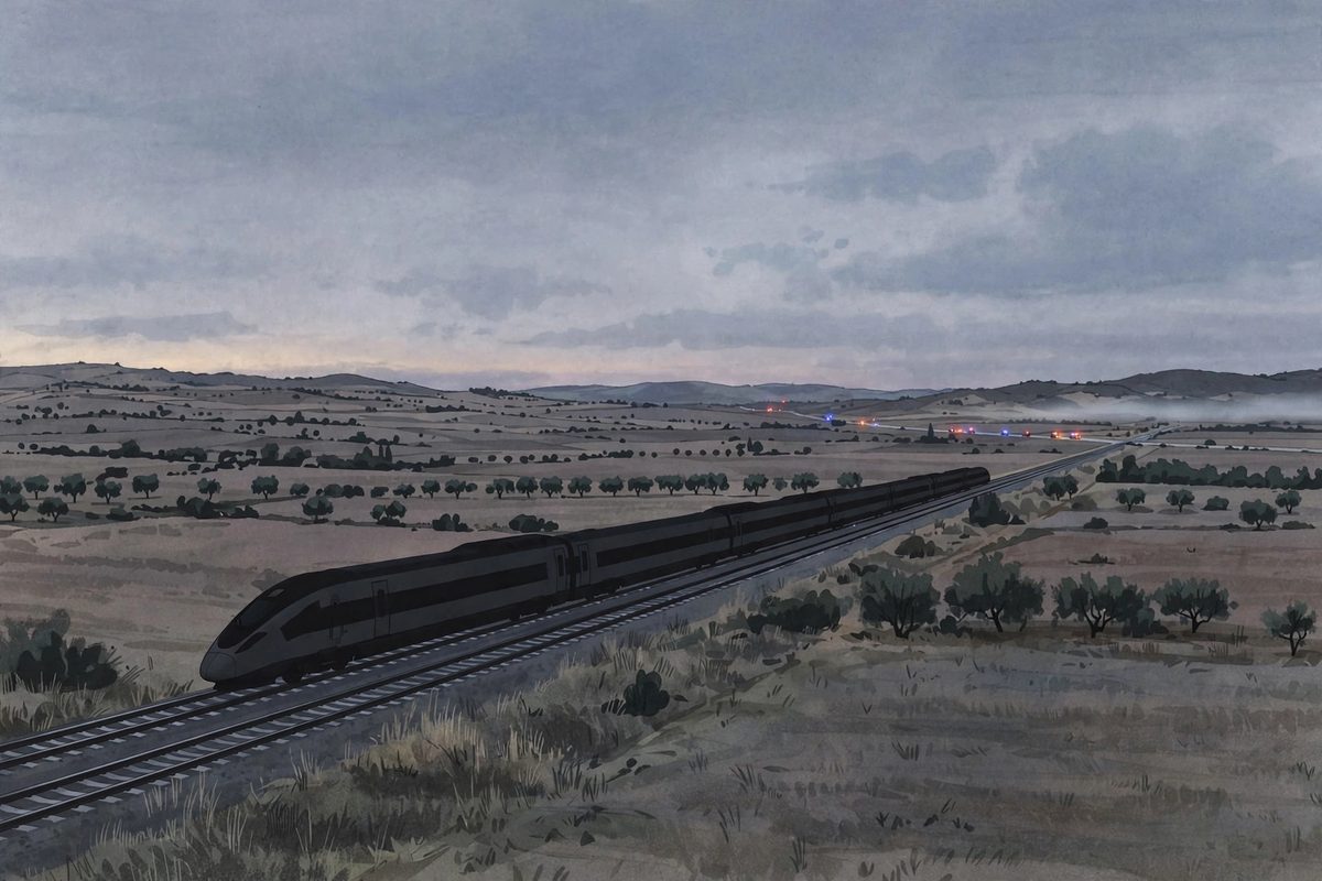 Illustration: a high-speed train silhouette on railway tracks at dusk in a rural landscape, with distant emergency lights on the horizon, no people shown, no text