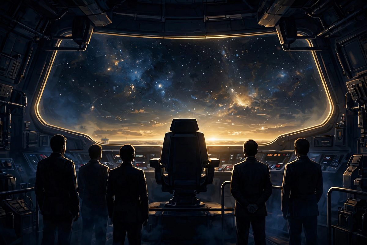 Illustration: an empty captain's chair on a dim starship bridge seen from behind, silhouetted crew figures standing in tribute before a star-filled viewport, faces not shown, no text