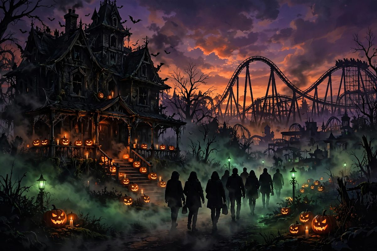 Illustration: silhouetted visitors walking through a foggy Halloween theme park at night, past a haunted house and a roller coaster