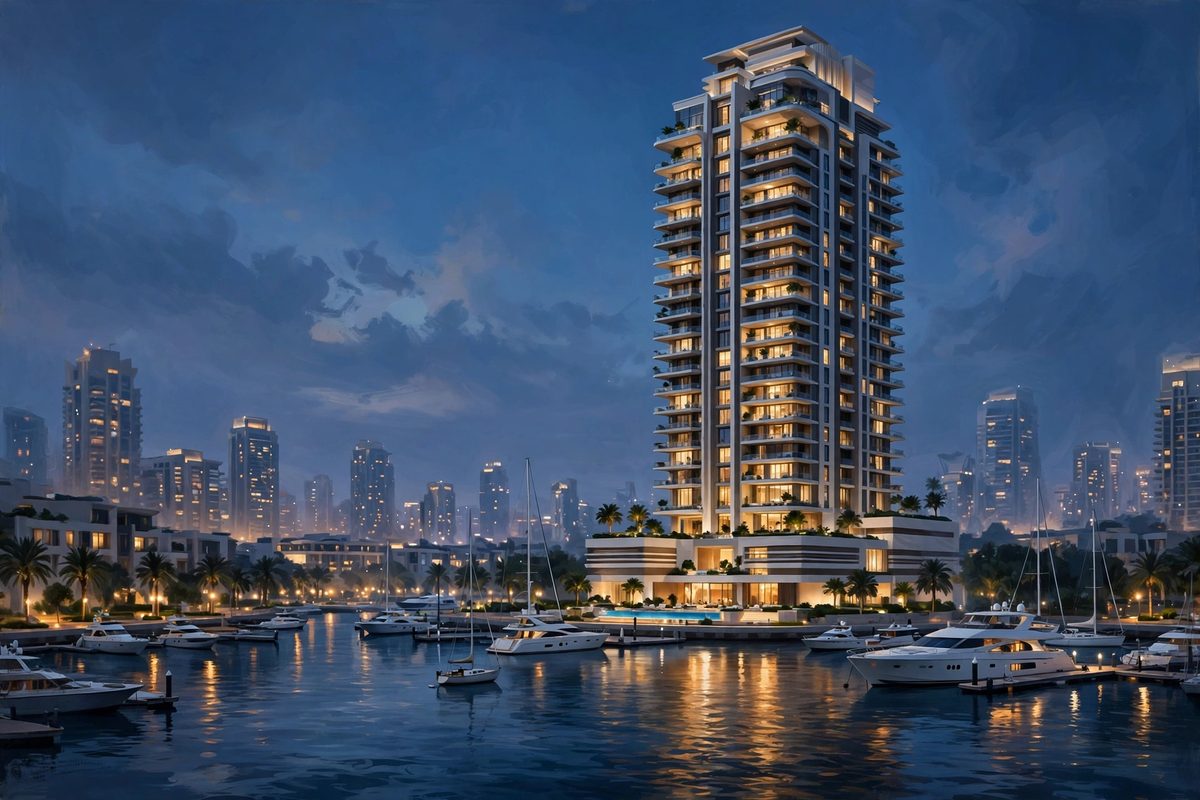 Illustration: a luxury waterfront residential tower in Dubai at dusk