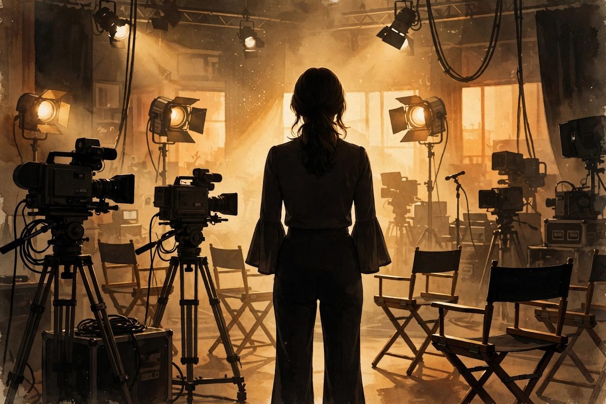 Illustration: a silhouetted actress in 1970s dress seen from behind on a warmly lit vintage television studio set, empty chairs nearby