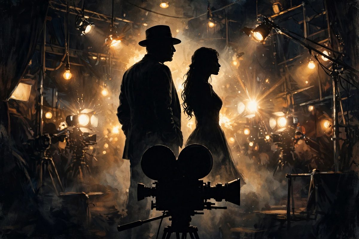 Illustration: a silhouetted veteran film star and a younger actress on a dimly lit film set under warm spotlights