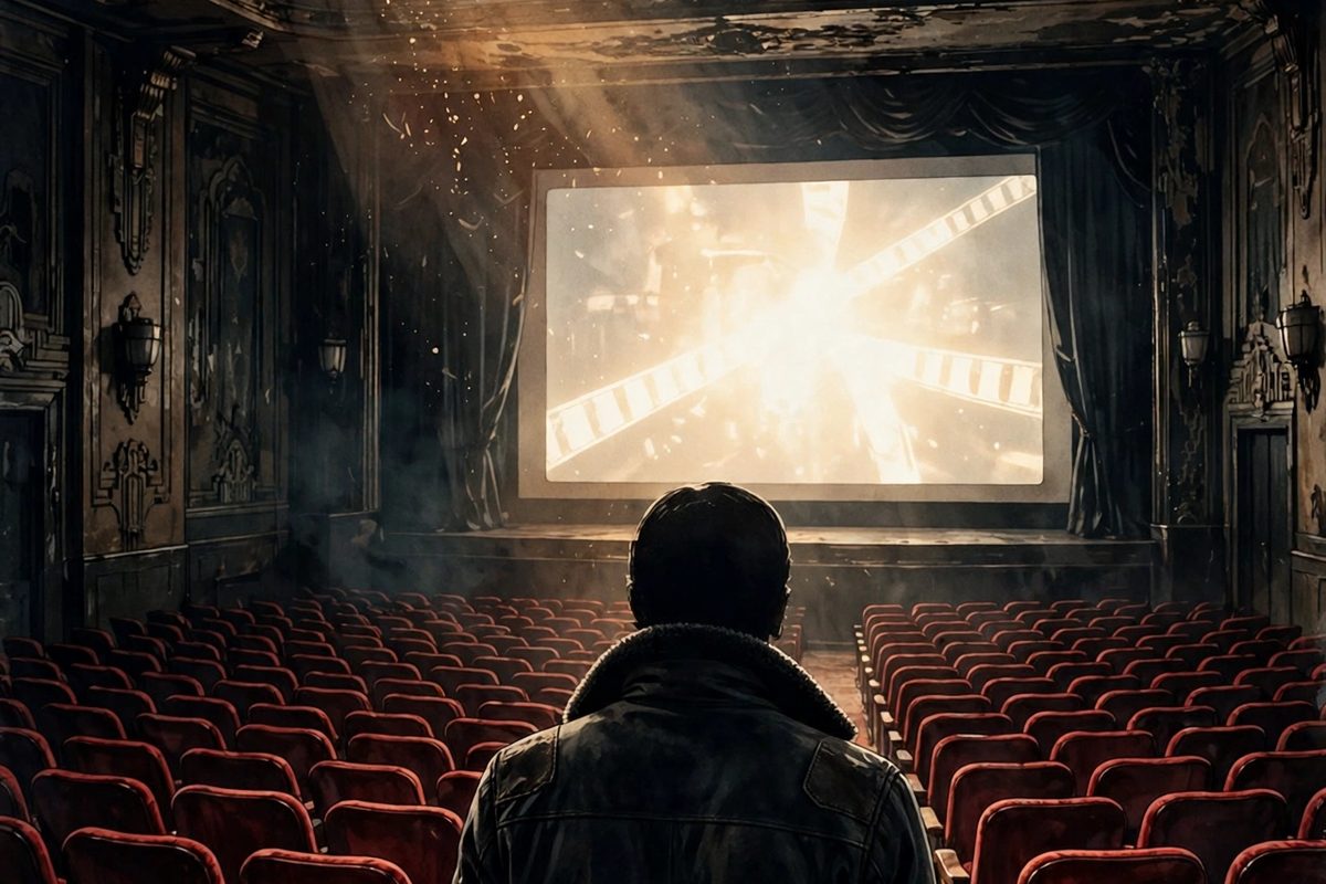 Illustration: a silhouetted figure in a vintage cinema auditorium facing a glowing movie screen under a projector beam