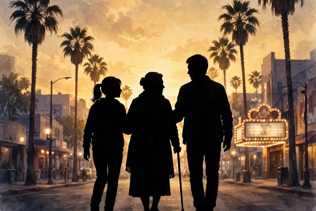 Illustration: three silhouettes walking together on a Los Angeles street at golden dusk, the central figure using a cane, palm trees and a cinema glow in the distance, faces not shown