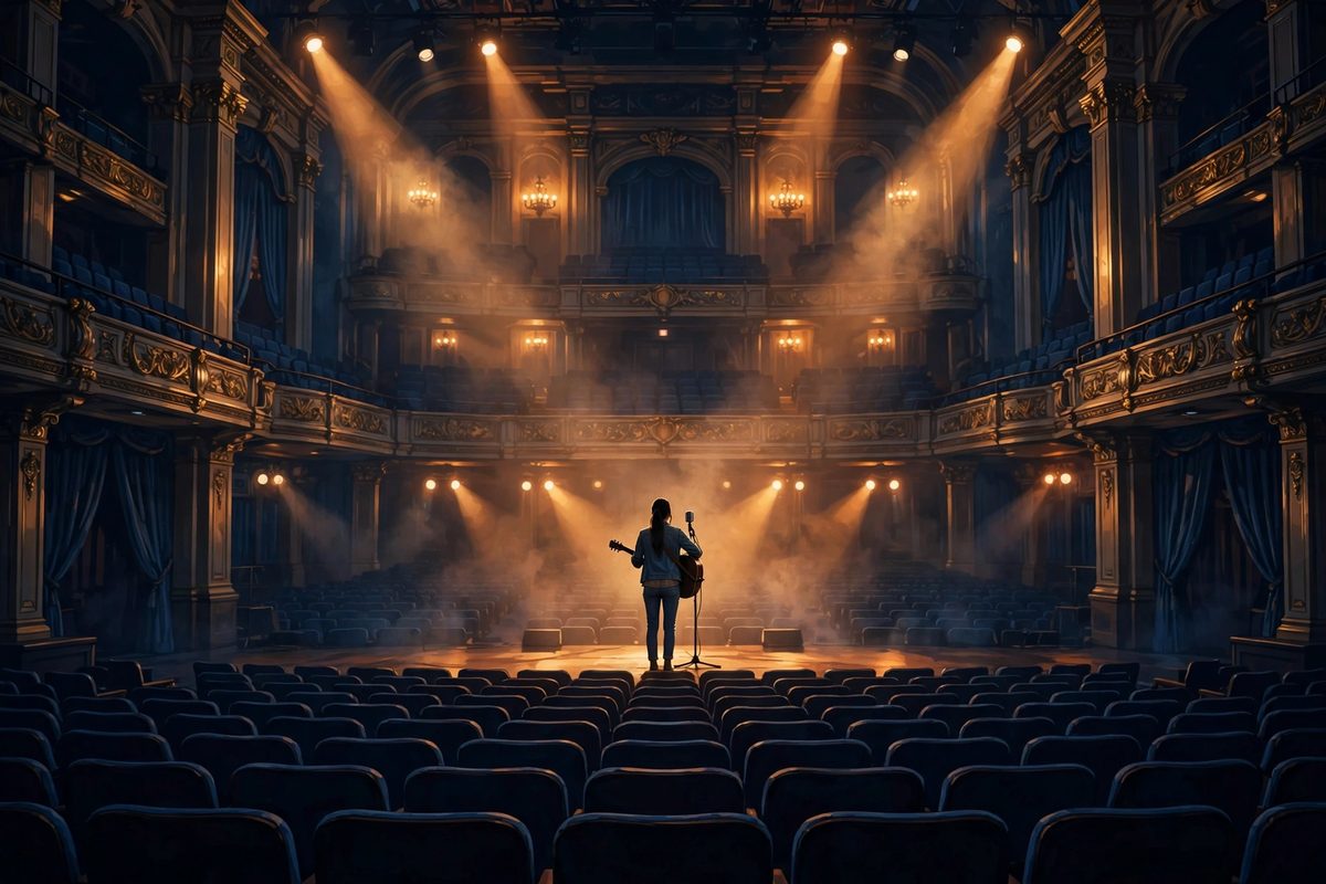 Illustration: a lone singer-songwriter silhouette on a warm Nashville stage with an acoustic guitar under golden lights