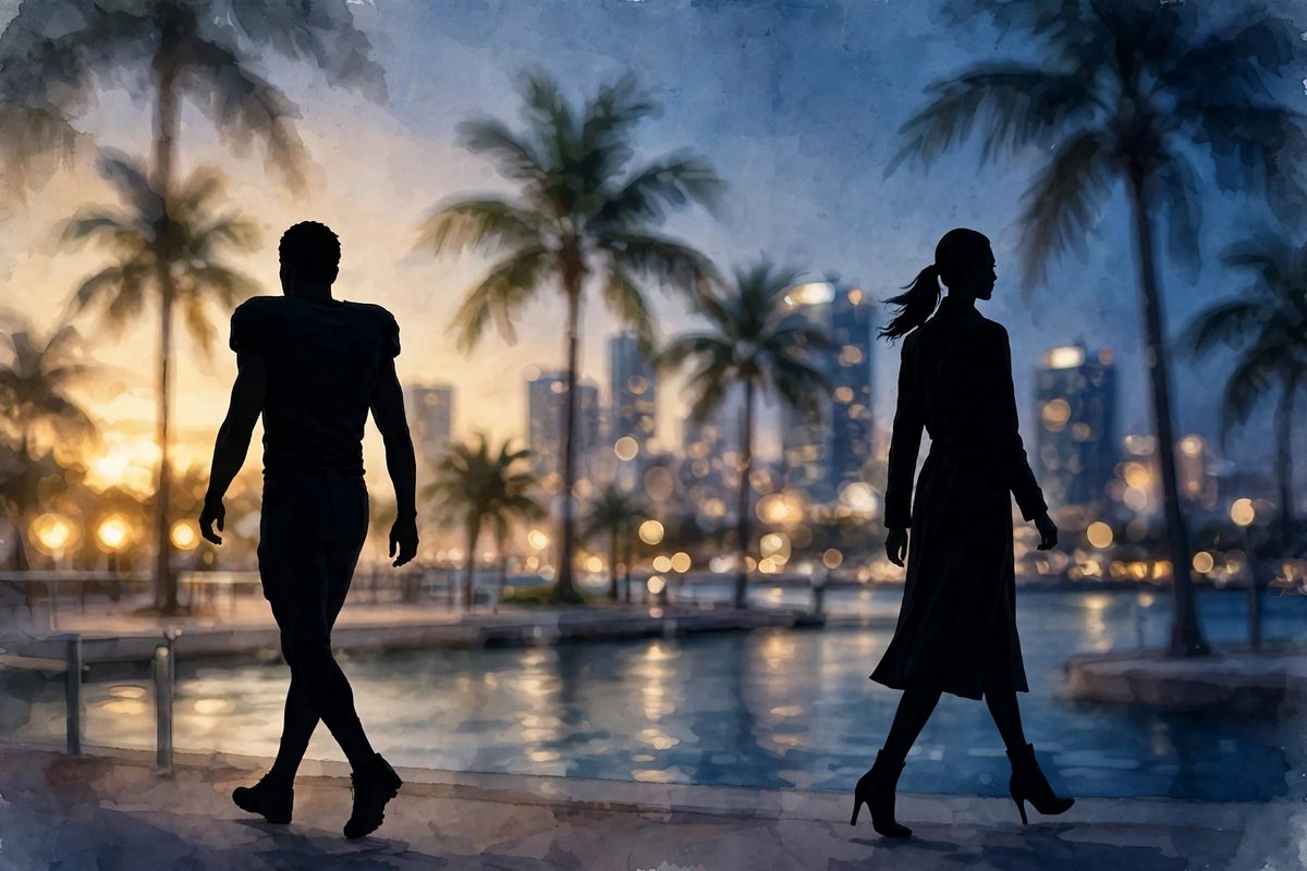 Illustration: silhouettes of an American football player and a fashion model walking apart along a Miami waterfront promenade at dusk, palm trees and city lights behind them