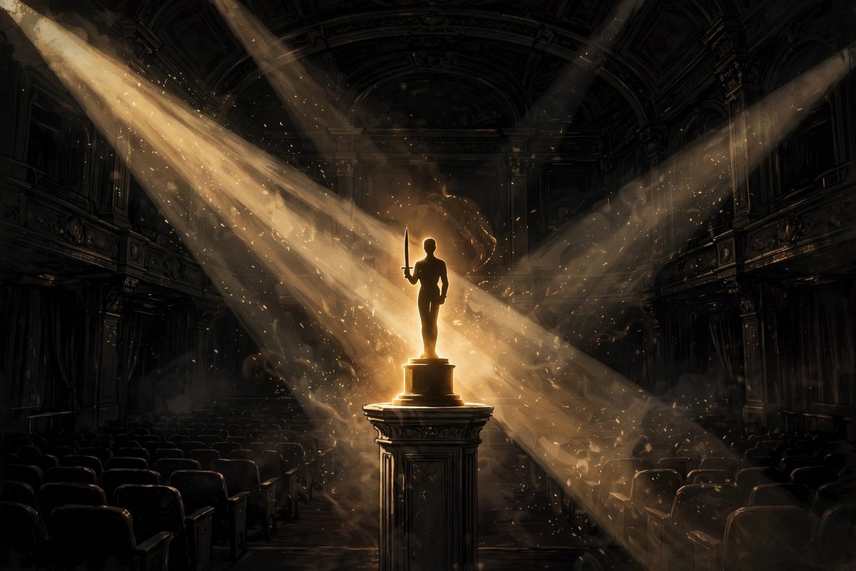 Illustration: a golden award statuette glowing in a dark auditorium under projector beams