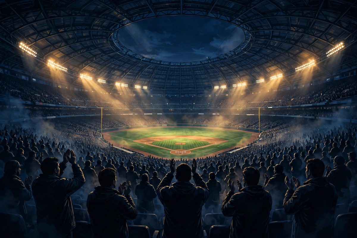Illustration: silhouetted crowd inside a domed baseball stadium at night under bright floodlights
