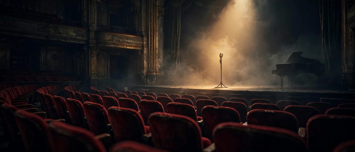 Illustration: an empty concert stage with a single microphone stand under one warm spotlight, empty red velvet seats fading into shadow