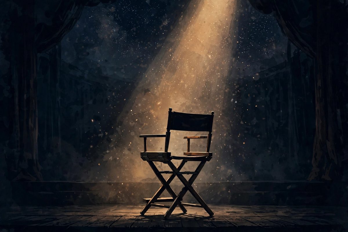 Illustration: an empty director's chair under a spotlight in tribute