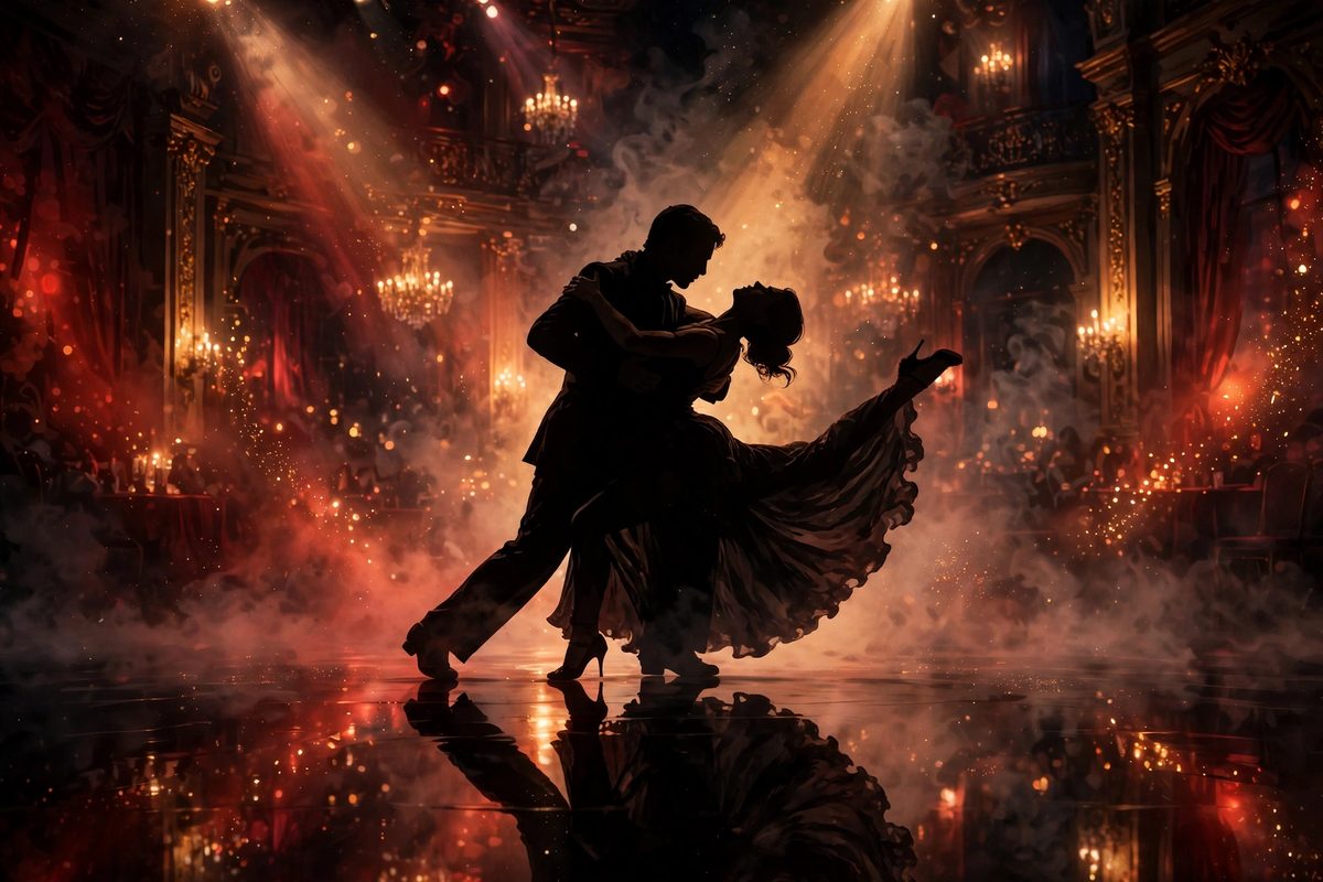 Illustration: a silhouetted dancing couple in a dramatic tango pose on a ballroom floor under spotlights, deep red lighting and drifting fog, faces in shadow