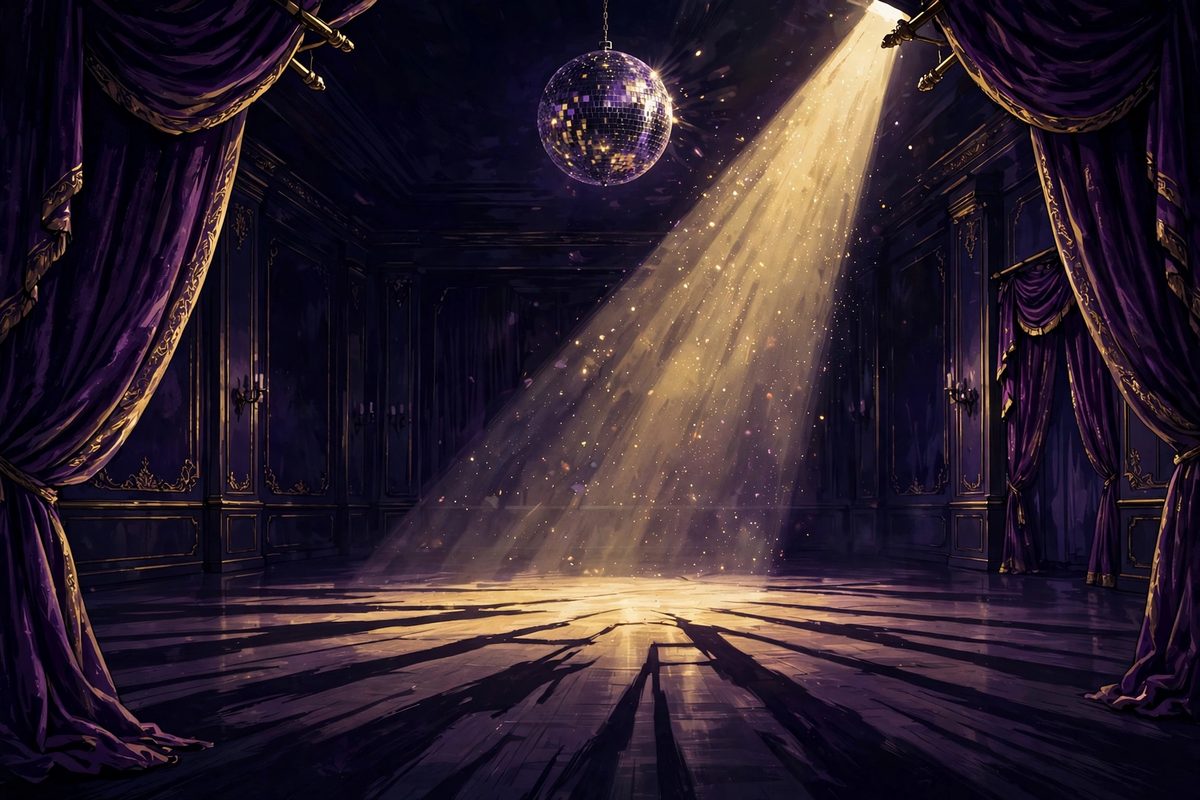 Illustration: an empty glittering ballroom dance floor under a spotlight