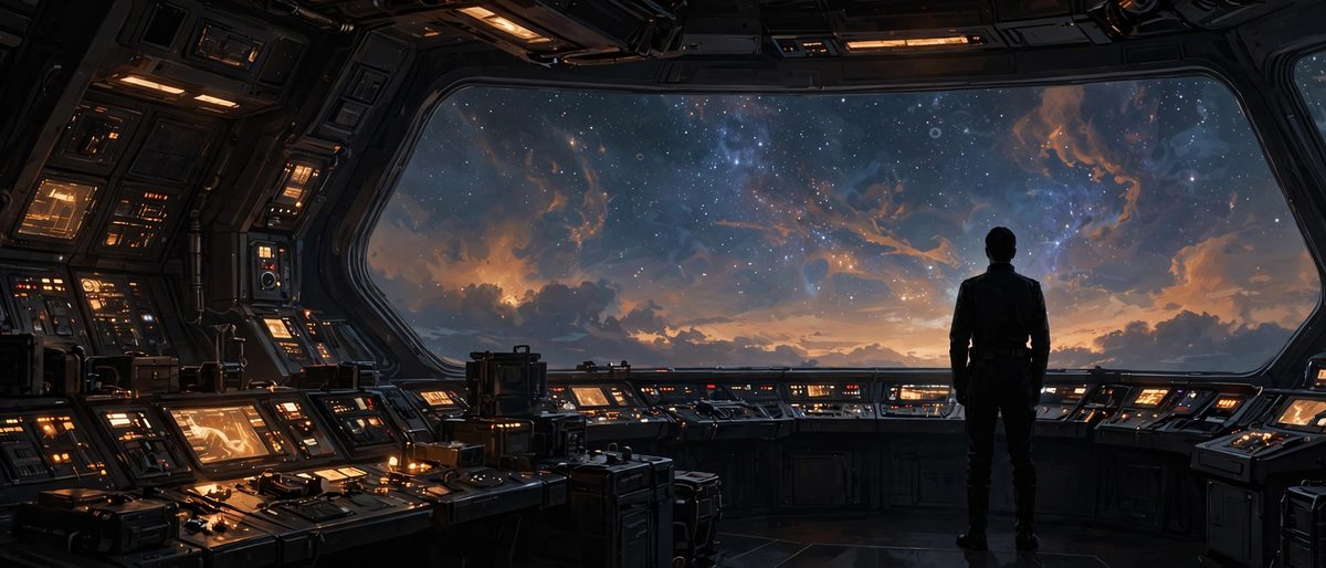Illustration: a silhouetted starship officer standing on a starship bridge, gazing at a field of stars