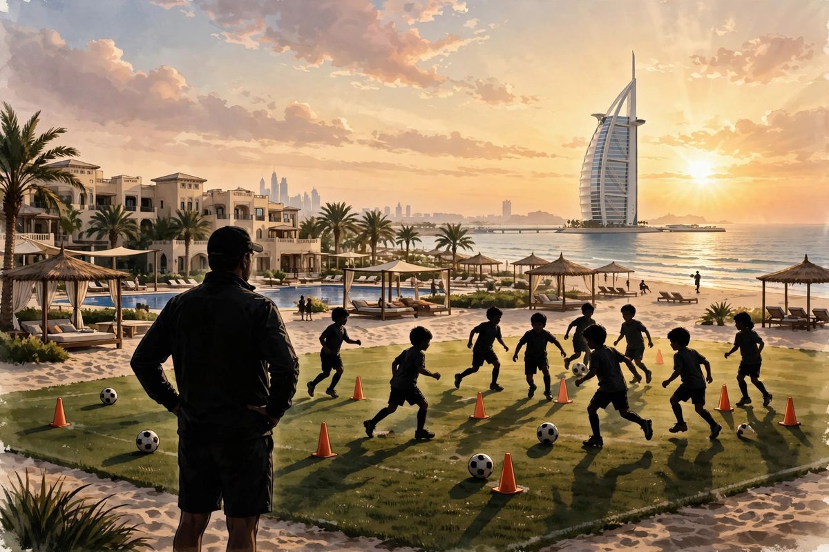 Illustration: a football coach seen from behind watching children train on a beachside pitch in Dubai, with a sail-shaped hotel tower on the skyline at sunset