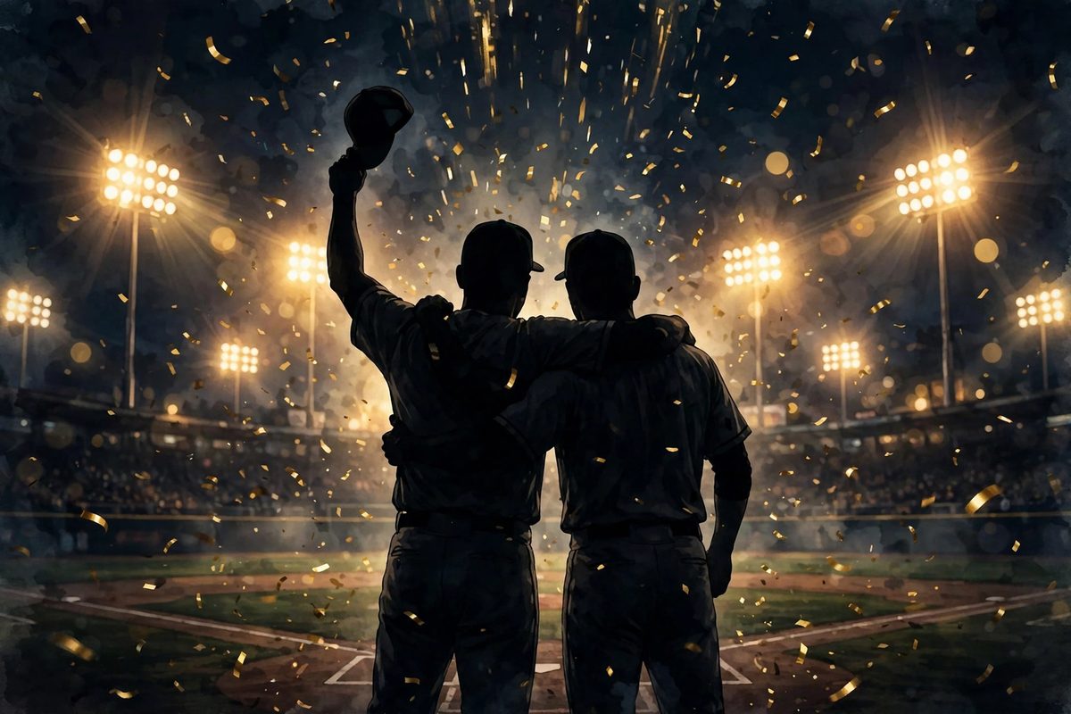 Illustration: two baseball players seen from behind as silhouettes embracing in celebration on a floodlit field at night, gold confetti falling, faces not shown, no text